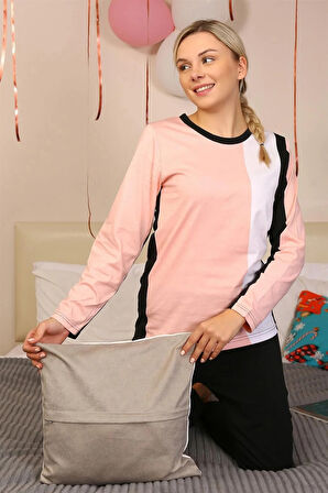 Moda Kadın Uzun Kol Penye Pijama Takım Somon