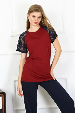 Moda Kadın Kolu Dantelli Penye Pijama Takım Bordo