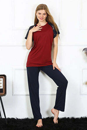 Moda Kadın Kolu Dantelli Penye Pijama Takım Bordo