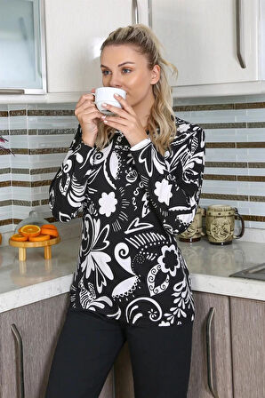 Moda Kadın Uzun Kol Penye Pijama Takım Siyah