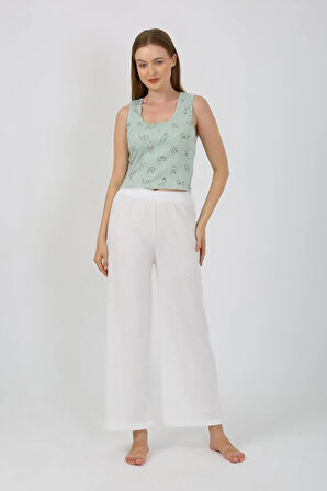 Moda Kadın Kalın Askılı Body Bol Paça Pantolon 2`li Takım Beyaz