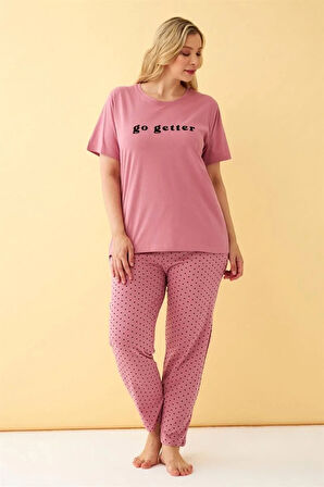 Moda Kadın Somon Go Getter Yazılı Büyük Beden Pijama Takımı