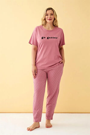 Moda Kadın Somon Go Getter Yazılı Büyük Beden Pijama Takımı