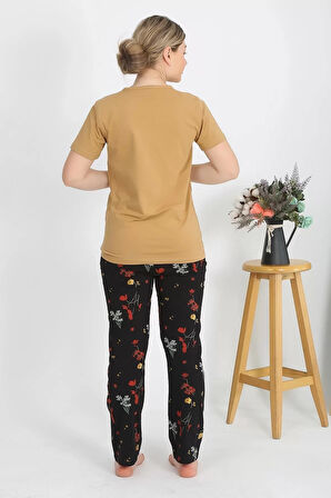 Moda Kadın Kısa Kol Pamuk Penye Pijama Takım Hardal
