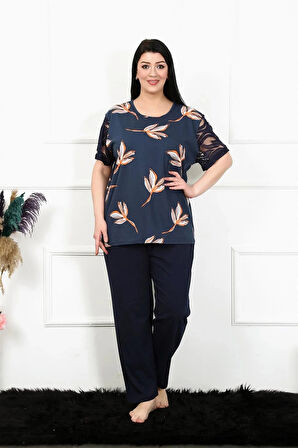 Moda Kadın 5XL-6XL-7XL-8XL Büyük Beden Kısa Kol Pijama Takım Lacivert