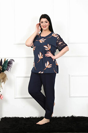 Moda Kadın 5XL-6XL-7XL-8XL Büyük Beden Kısa Kol Pijama Takım Lacivert