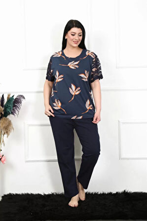 Moda Kadın 5XL-6XL-7XL-8XL Büyük Beden Kısa Kol Pijama Takım Lacivert