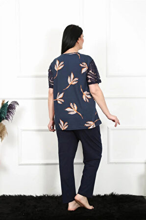Moda Kadın 5XL-6XL-7XL-8XL Büyük Beden Kısa Kol Pijama Takım Lacivert