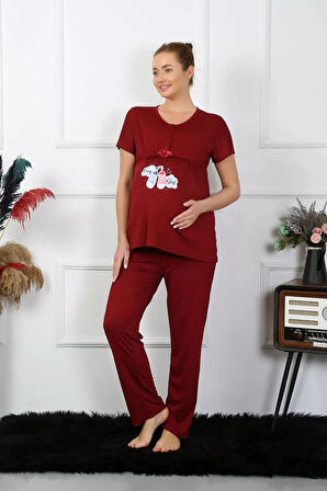 Moda Kadın Kısa Kol Hamile Lohusa Pijama Takımı Bordo