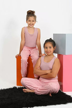 Moda Kız Çocuk Sıfır Kol Gül Kurusu Penye Pijama Takım