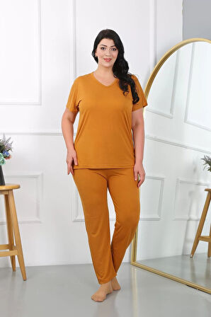 Moda Kadın Büyük Beden Kısa Kol Penye Pijama Takımı Hardal