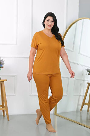 Moda Kadın Büyük Beden Kısa Kol Penye Pijama Takımı Hardal