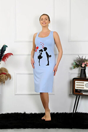 Moda Kadın Kalın Askılı Penye Uzun Mavi Gecelik