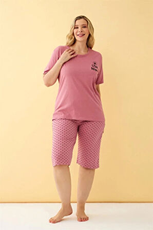 Moda Kadın Somon “Live the Dream” Yazılı Büyük Beden Kapri Pijama Takımı