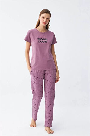 Moda Kadın Mor Yıldız Desenli Penye Kısa Kol Pijama Takımı