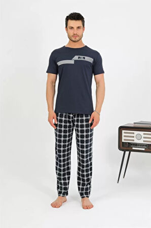 Moda Erkek Pamuk Kısa Kol Pijama Takım Lacivert