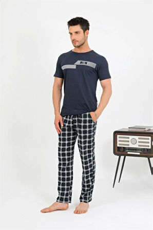 Moda Erkek Pamuk Kısa Kol Pijama Takım Lacivert