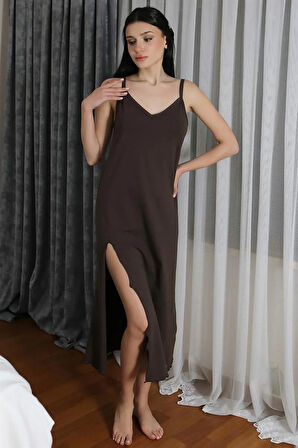 Moda Kadın İp Askılı Uzun Yırtmaçlı Pamuk Penye Gecelik Kahve