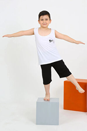 Moda Erkek Çocuk Sıfır Kol Şortlu Beyaz Penye Pijama Takımı