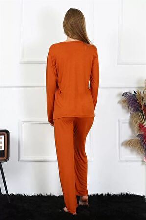 Moda Kadın Penye Uzun Kol Patlı Pijama Takım Kiremit