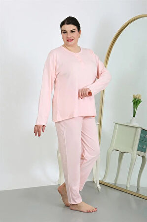 Moda Kadın Büyük Beden Uzun Kol Penye Pijama Takımı Pembe