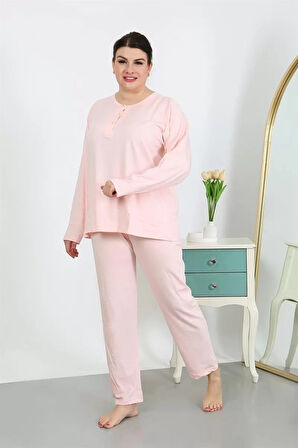 Moda Kadın Büyük Beden Uzun Kol Penye Pijama Takımı Pembe
