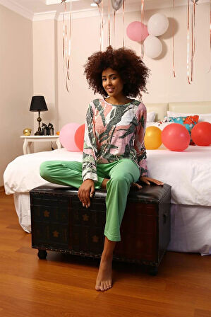 Moda Kadın Uzun Kol Penye Pijama Takım Fıstık Yeşili