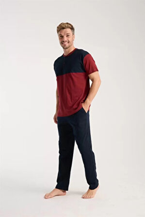 Moda Erkek Bordo Düğmeli Yaka Kısa Kol Pijama Takımı