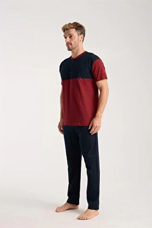 Moda Erkek Bordo Düğmeli Yaka Kısa Kol Pijama Takımı
