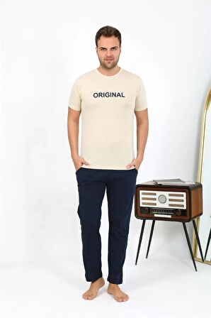 Moda Erkek Kısa Kol Penye Pijama Takımı Krem