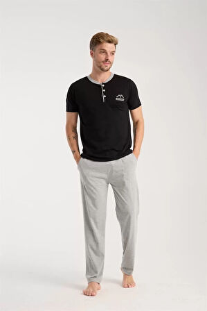 Moda Erkek Siyah Düğmeli Yaka Kısa Kol Pijama Takımı