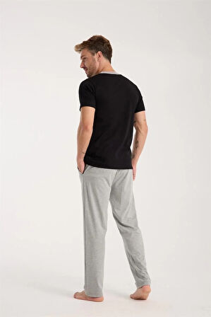 Moda Erkek Siyah Düğmeli Yaka Kısa Kol Pijama Takımı