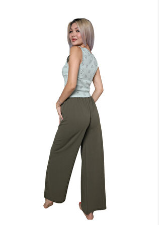 Moda Kadın Kalın Askılı Body Bol Paça Pantolon 2`li Takım Su Yeşili