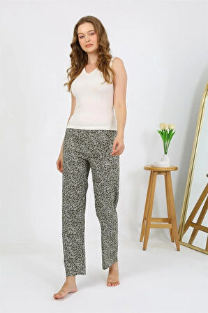 Moda Kadın Penye Desenli Tek Alt Pijama Haki
