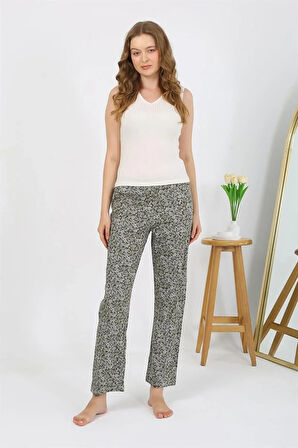 Moda Kadın Penye Desenli Tek Alt Pijama Haki