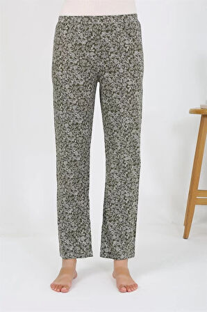 Moda Kadın Penye Desenli Tek Alt Pijama Haki