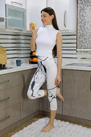 Moda Kadın Micro Desenli Dizaltı Tayt Beyaz