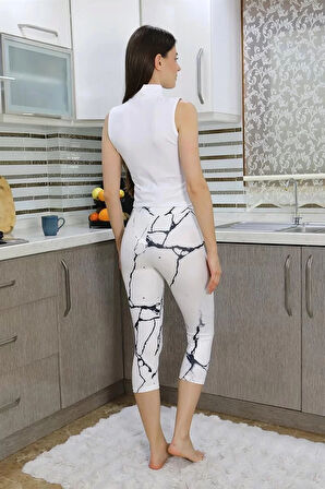 Moda Kadın Micro Desenli Dizaltı Tayt Beyaz