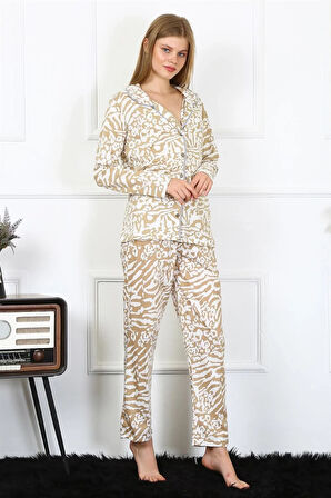 Moda Kadın Penye Uzun Kol Önden Düğmeli Pijama Takım Sütlü Kahve