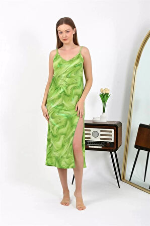 Moda Kadın İp Askılı Uzun Parlak Micro Elbise Gecelik Yeşil