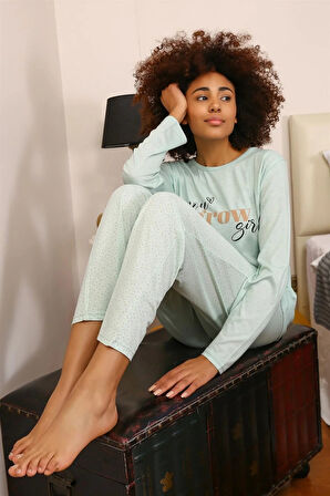 Moda Kadın Penye Uzun Kol Pijama Takım Su Yeşili
