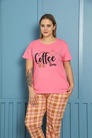 Moda Kadın %100 Pamuk Kısa Kol Büyük Beden Pijama Takım Pembe