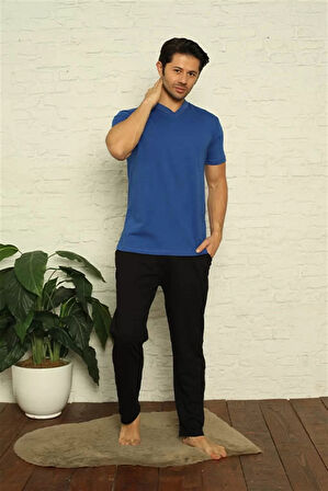 Moda Erkek Saks V Yaka 3'lü Pijama Takım