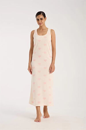 Moda Kadın Kalın Askılı Yırtmaçlı Uzun Pudra Gecelik