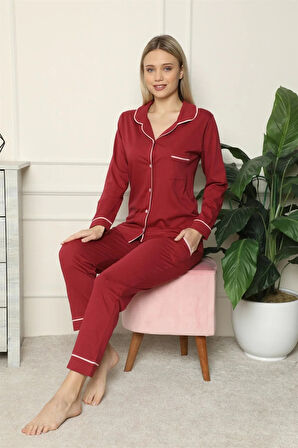 Moda Kadın %100 Pamuk Penye Önden Düğmeli Uzun Kol Pijama Takım Bordo