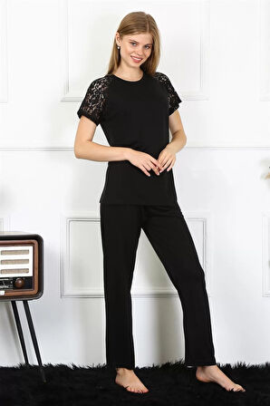 Moda Kadın Kolu Dantelli Penye Pijama Takım Siyah
