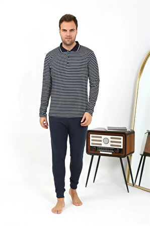 Moda Erkek Polo Yaka Uzun Kol Penye Pijama Takımı Lacivert