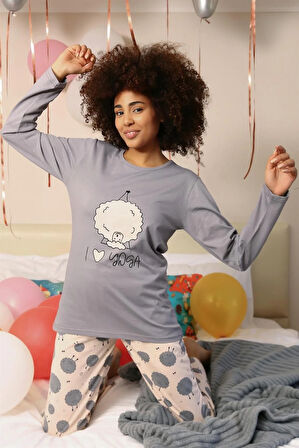Moda Kadın Penye Uzun Kol Pijama Takım Gri