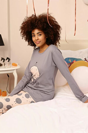 Moda Kadın Penye Uzun Kol Pijama Takım Gri