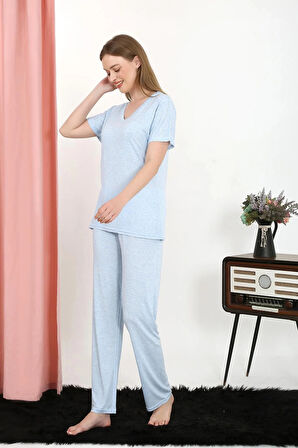 Moda Kadın Kısa Kol Pamuk Penye Pijama Takım Mavi